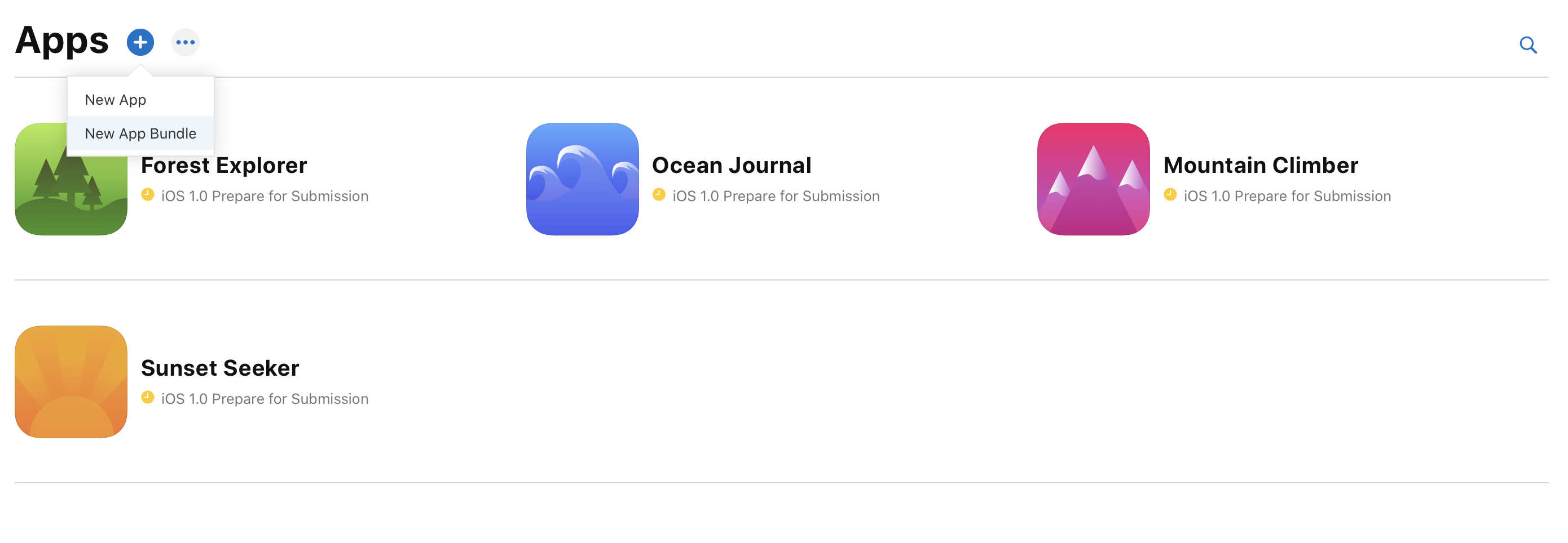 「マイ App」ページ左上にある追加ボタンがクリックされており、「新規 App」と「新規 App バンドル」のメニューが表示されています。