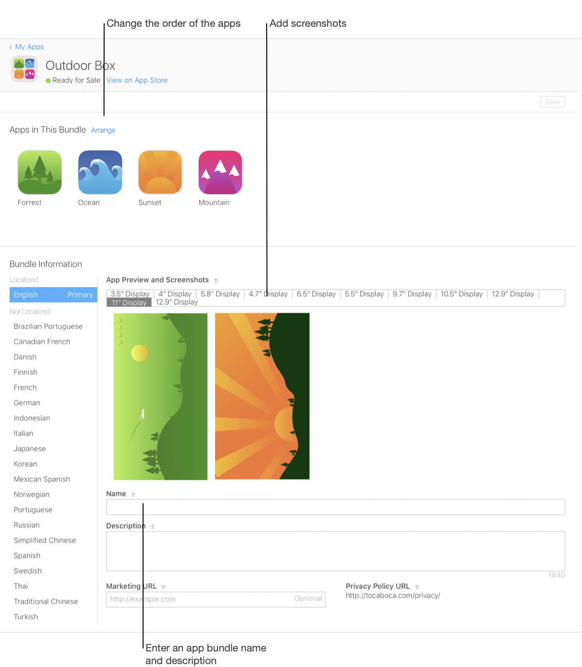 “앱 번들” 페이지의 “이 번들에 포함된 앱” 섹션에는 번들 내의 앱이 나열되어 있으며, “정렬” 텍스트를 클릭하면 앱의 순서를 변경할 수 있습니다. “번들 정보” 섹션에는 앱 번들 이름 필드, 앱 번들 설명 필드 및 마케팅 URL 필드, 그리고 다양한 기기의 화면의 스크린샷을 드래그할 수 있는 영역이 있습니다.