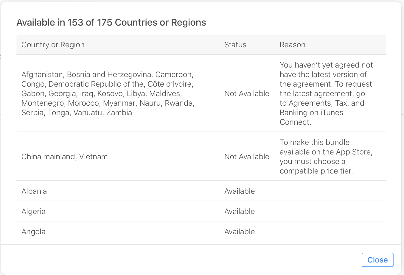 On the Countries or Regions detail page, a table lists all the countries and regions, showing your app bundle's status in each one. When applicable, the table also provides a reason why the app bundle isn’t available in a particular country or region.