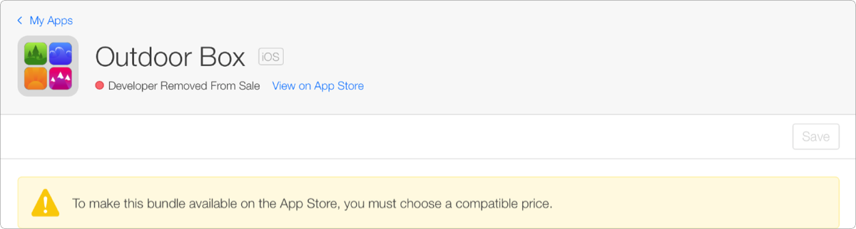 App バンドルの詳細ページに表示されている、「To make this bundle available on the App Store, you must choose a compatible price.」(このバンドルを App Store で配信可能とするには、適用可能な価格帯を選択する必要があります) という警告メッセージ。