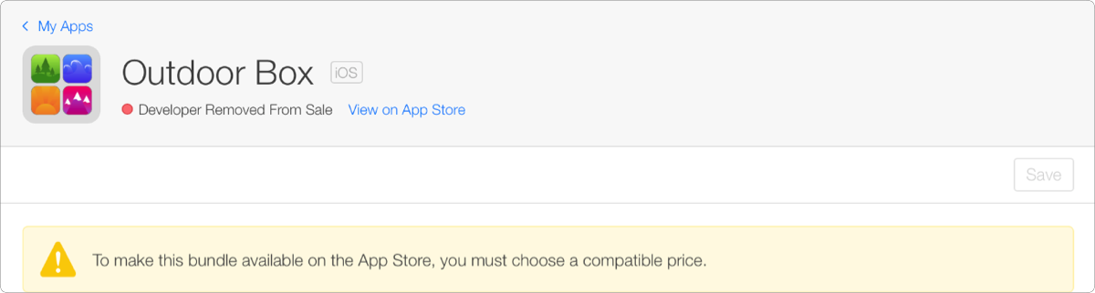 App 套件詳細資訊頁面上會顯示警告訊息：「若要在 App Store 上提供此套件，你必須選擇相容的價格。」