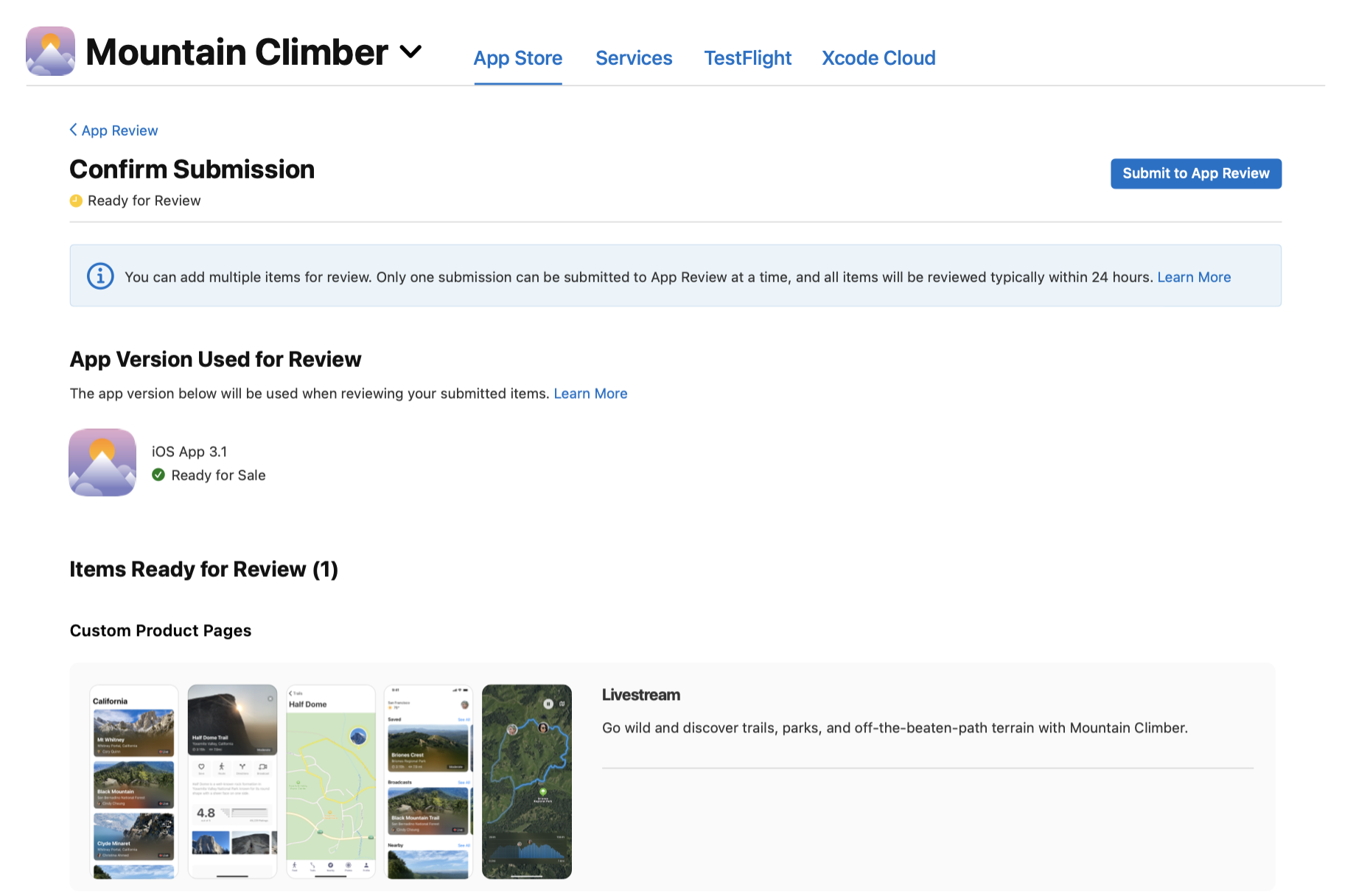 The submission confirmation screen shows the app version that will be associated with the custom product page, and the items that will be reviewed.