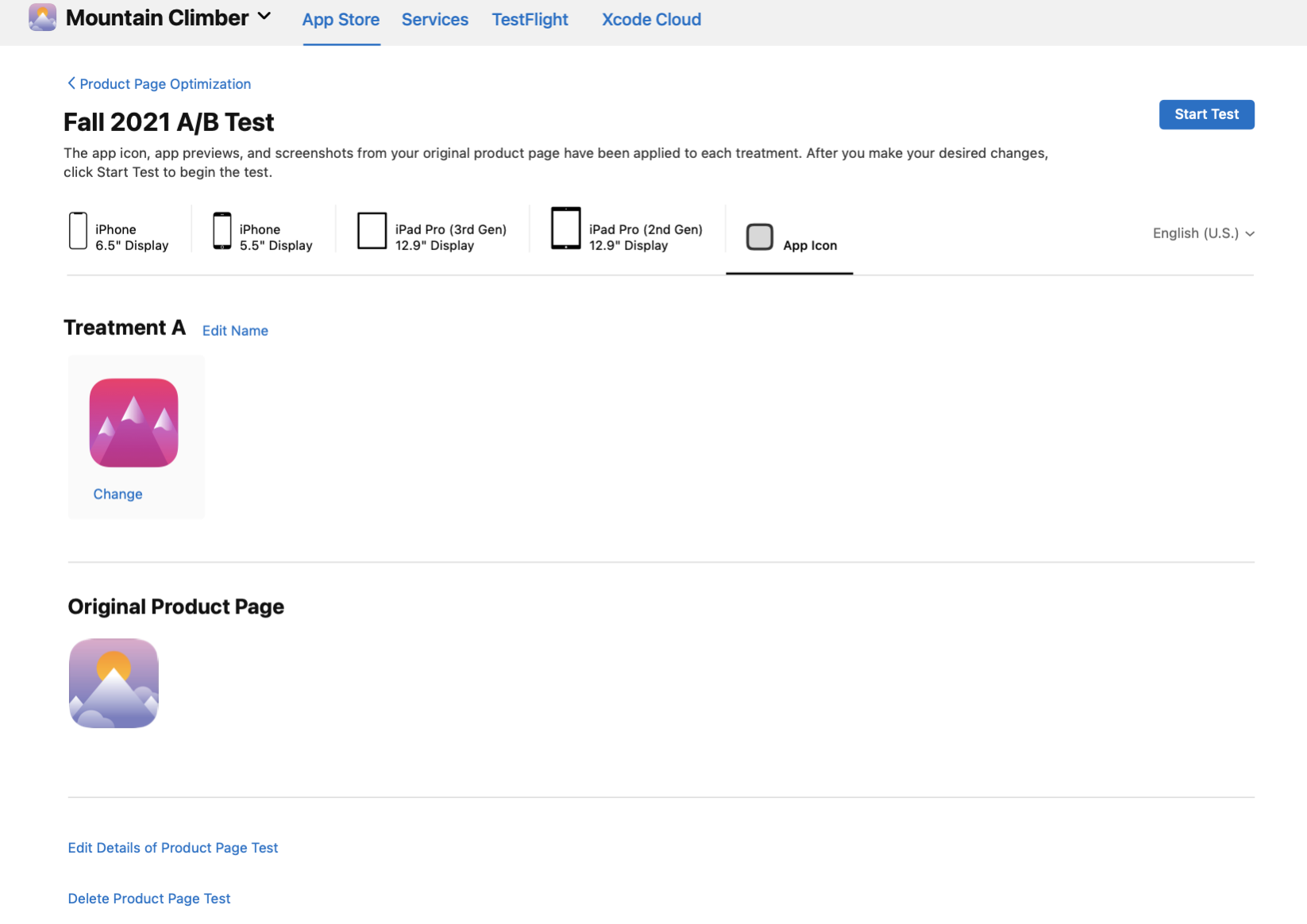 App Store Connect는 제품 페이지의 원래 제품 페이지 아이콘과 테스트 처리 아이콘을 표시합니다.