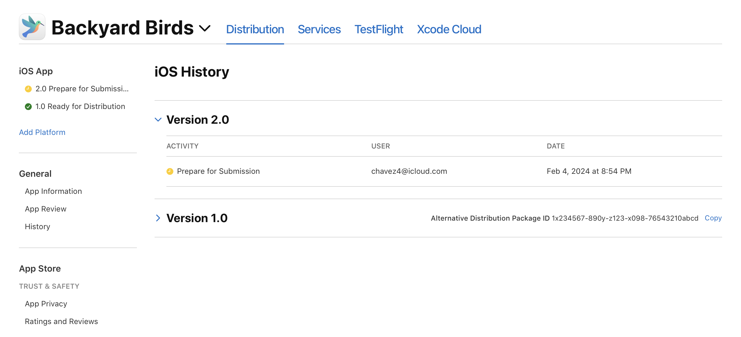 An Alternative Distribution Package ID appears next to Version 1.0 in the History section with a link to copy the ID next to it