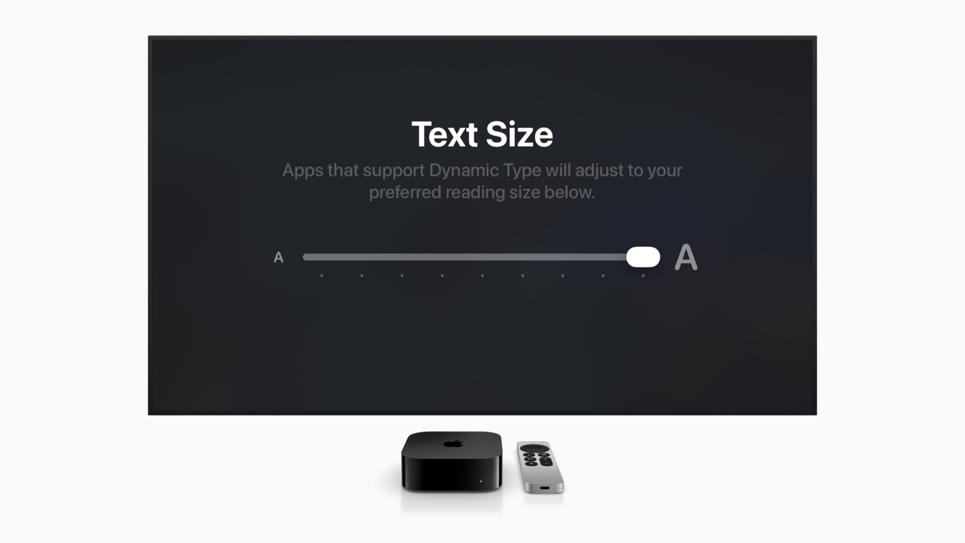 Apple TV 上更大字体的字体大小调节界面。
