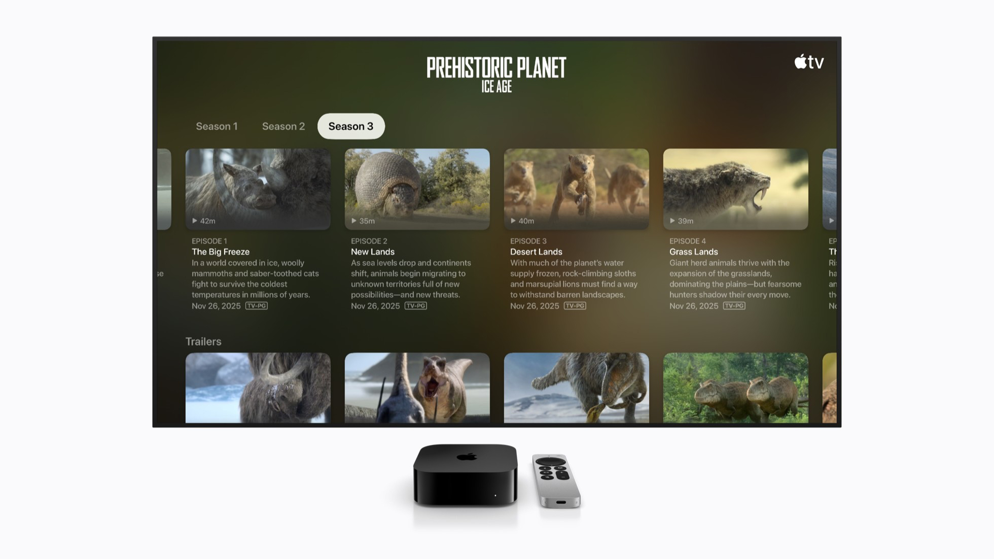 Apple TV 上的《史前星球：冰河时代》菜单，其单集标题、描述和季标签均以标准字体大小显示。