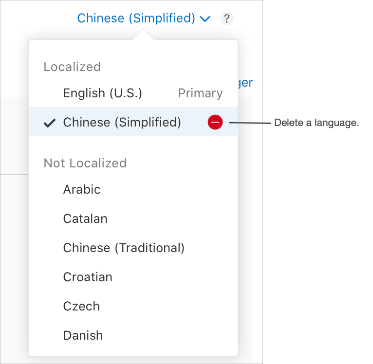 The language menu on the app platform detail page. A language is highlighted and delete botton is displayed next to the language name.