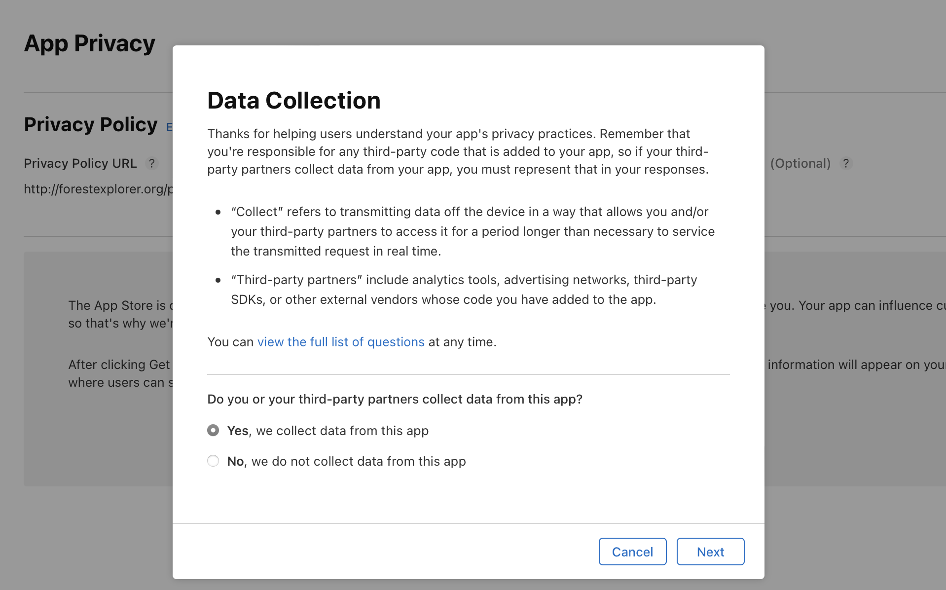 “앱이 수집하는 개인정보” 페이지의 “데이터 수집” 대화창.