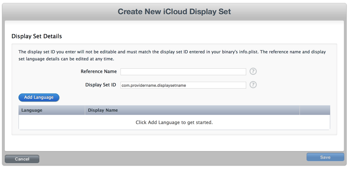 Create New iCloud Display Set page.