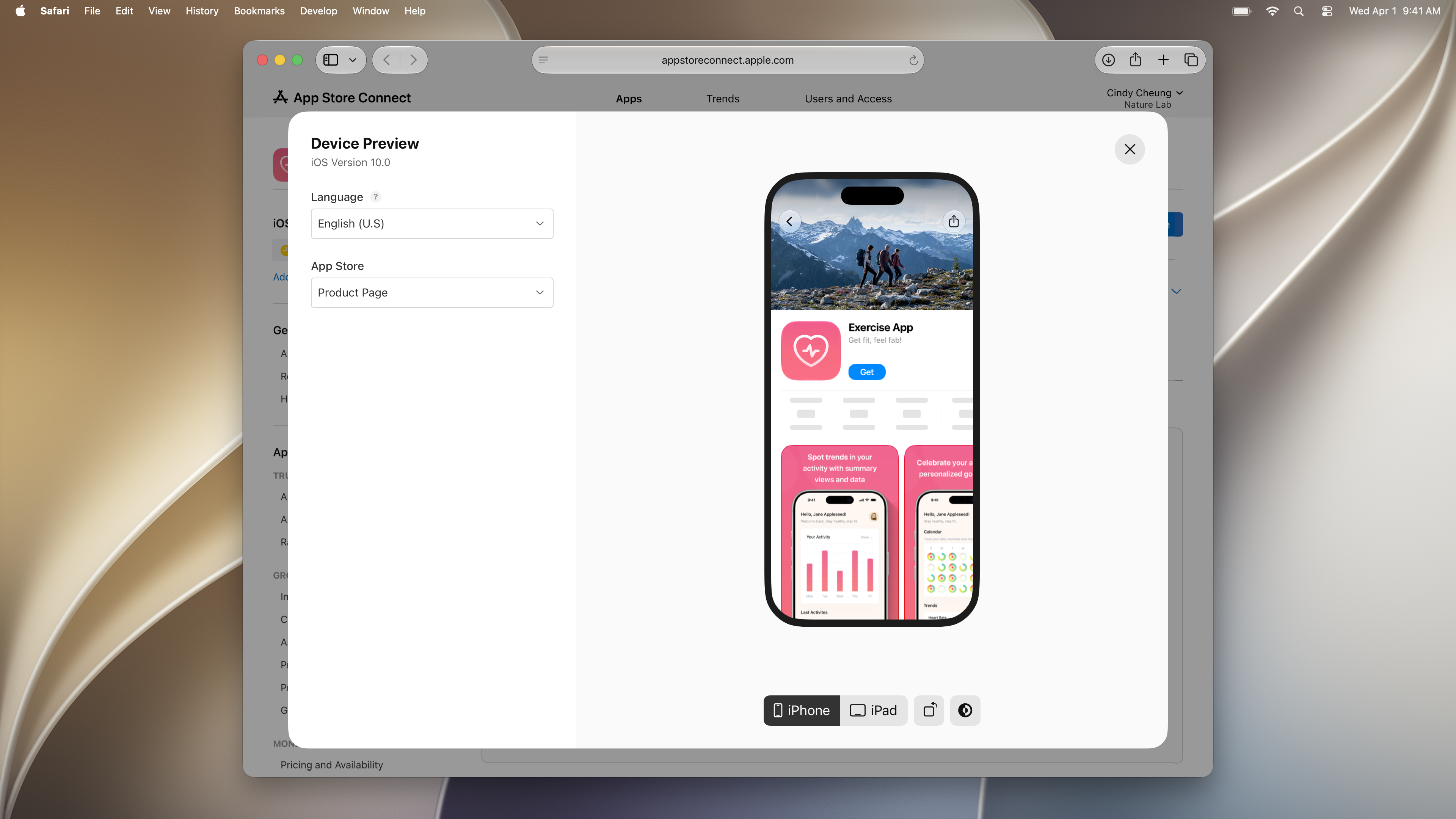 Device Preview sheet in App Store Connect, showing an iPhone preview of the Product Page with Language and App Store options on the left and device selector controls located below the preview.