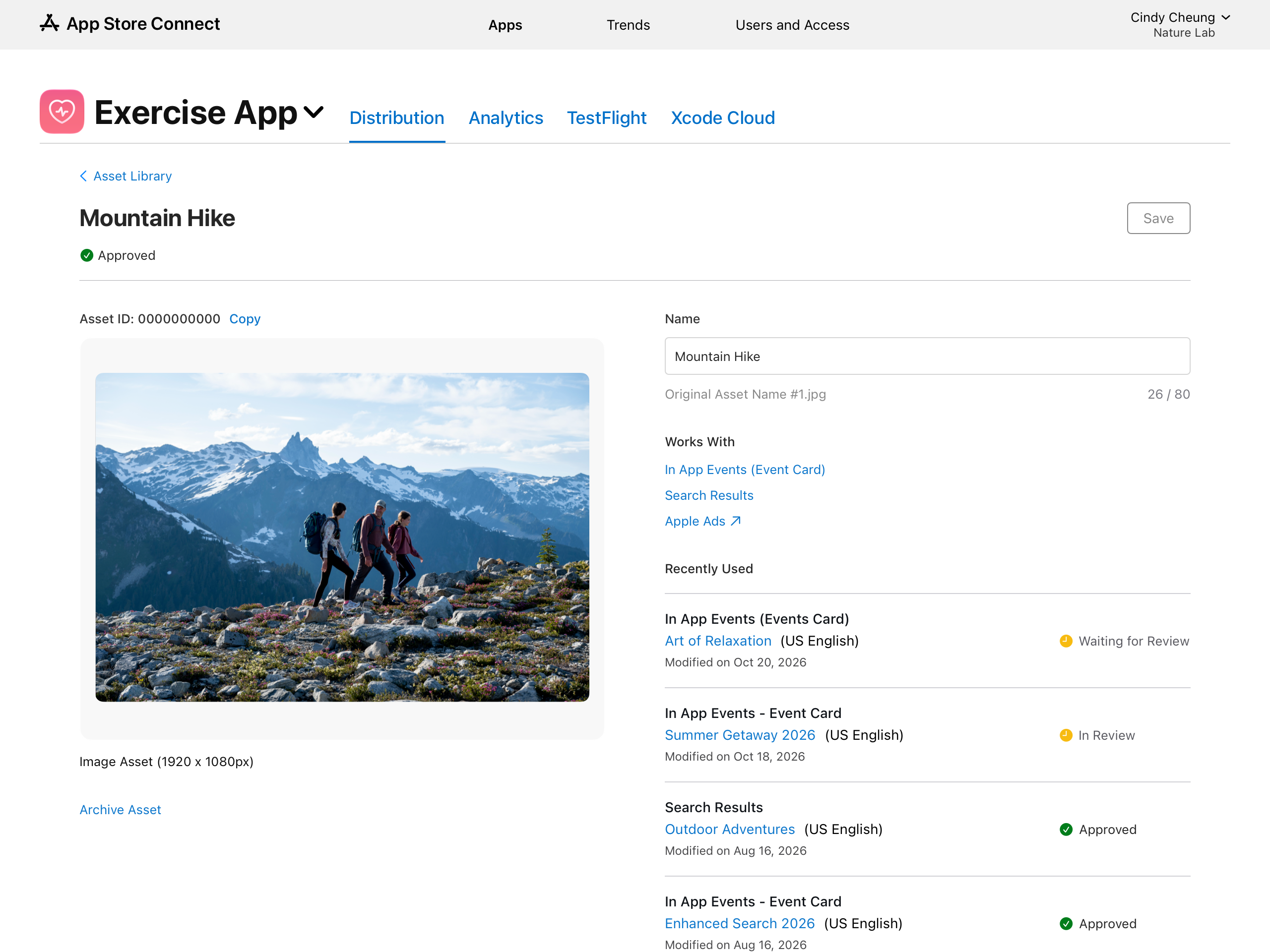 Mountain Hike asset details page in App Store Connect with the Archive Asset option located below the image preview.