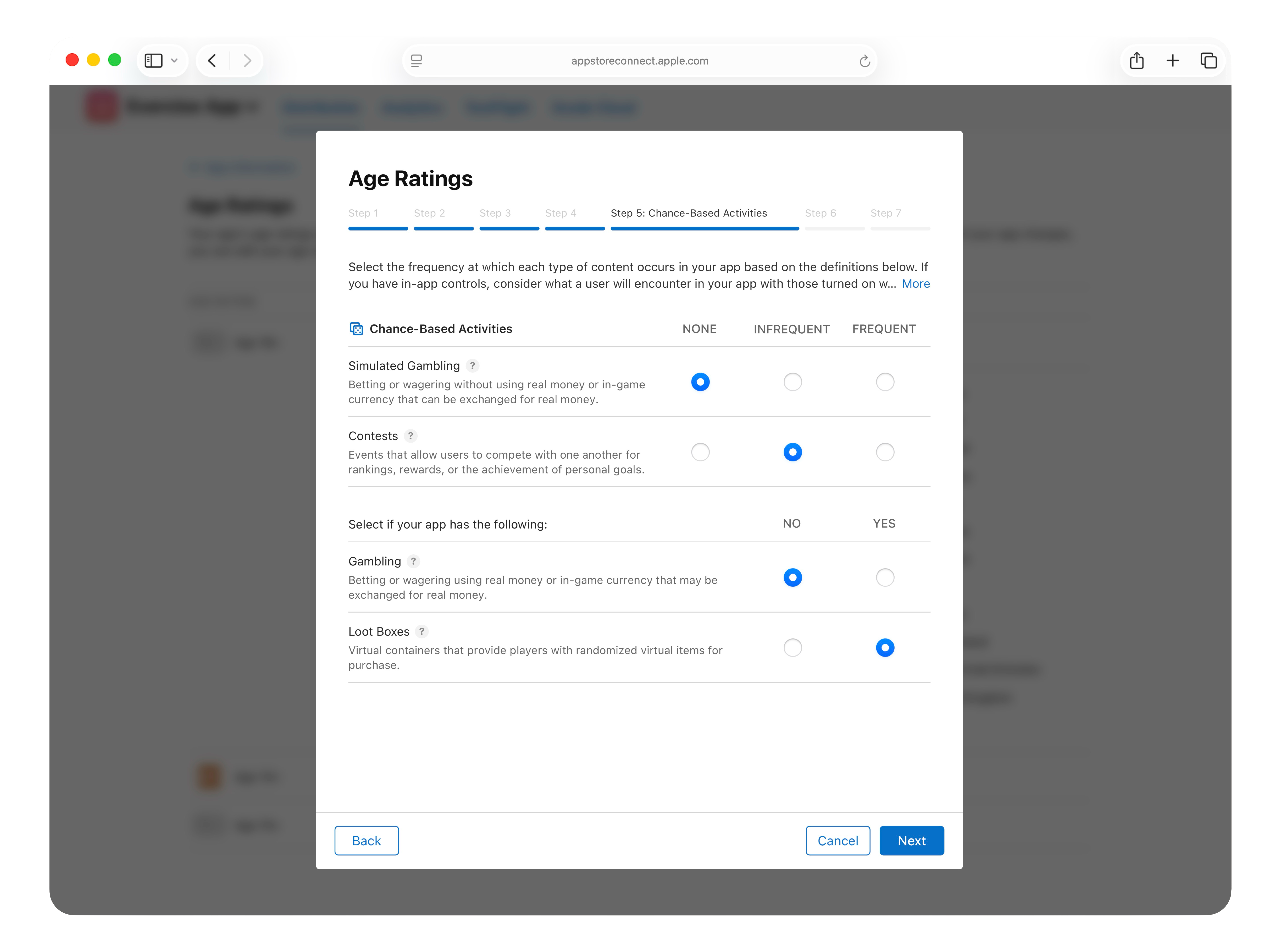 A screenshot of the 'Age Ratings' dialog box, titled 'Step 1: Features'. It lists various in-app controls and capabilities for selection, such as 'Parental Controls' and 'App Assurance' under 'In-App Controls', and 'Unrestricted Web Access' and 'User-Generated Content' under 'Capabilities'. Each option has 'YES' and 'NO' radio buttons. The 'Cancel' and 'Next' buttons are located at the bottom right of the dialog.