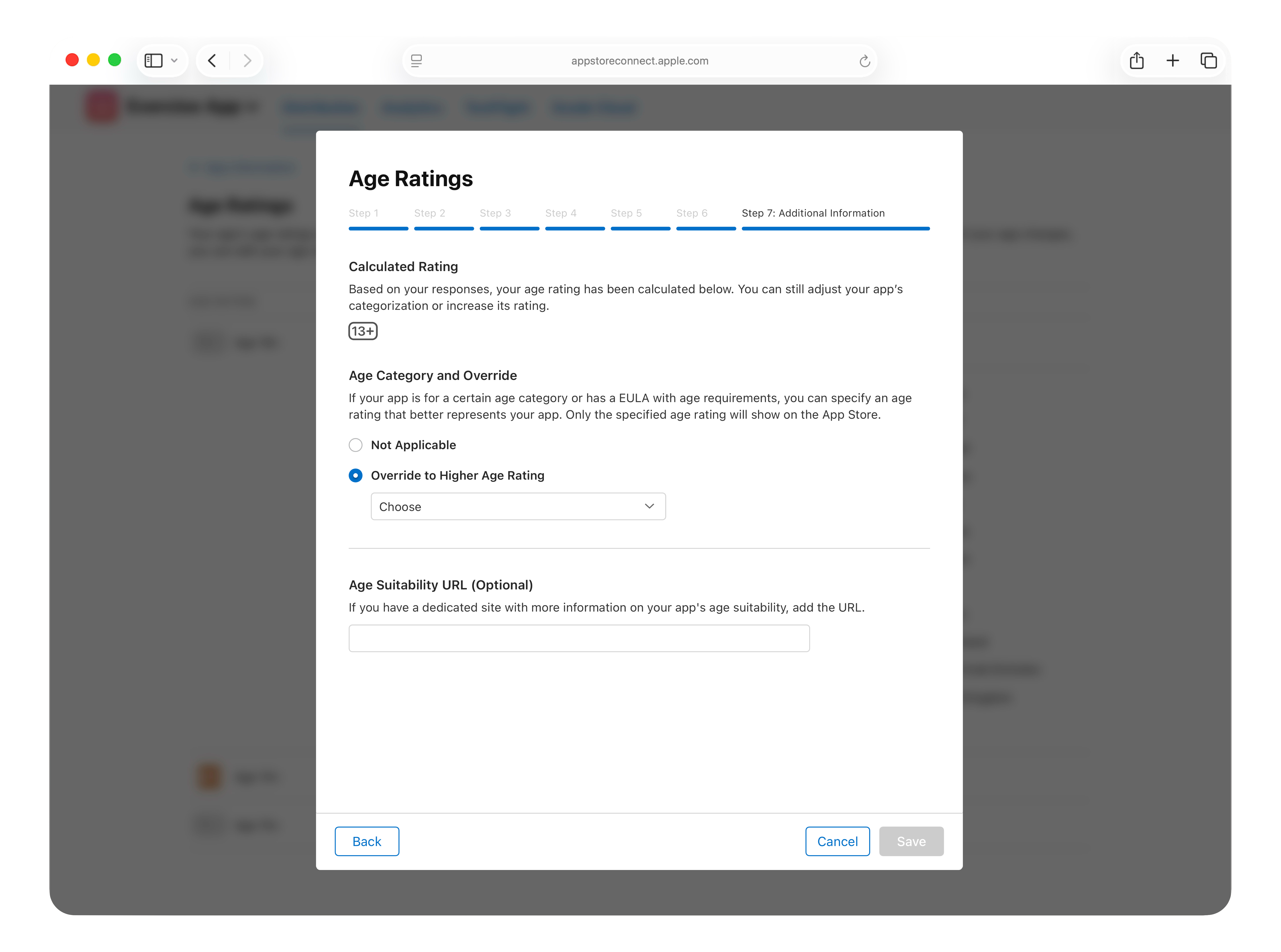A screenshot of the 'Age Ratings' dialog box, titled 'Step 7: Additional Information'. The 'Calculated Rating' is displayed as '13+'. Under the 'Age Category and Override' section, the 'Not Applicable' radio button is selected, and there's a checkbox for 'Override to Higher Age Rating'. An optional 'Age Suitability URL' text field is also present. The 'Back' button is at the bottom left, and the 'Cancel' and 'Save' buttons are at the bottom right of the dialog.
