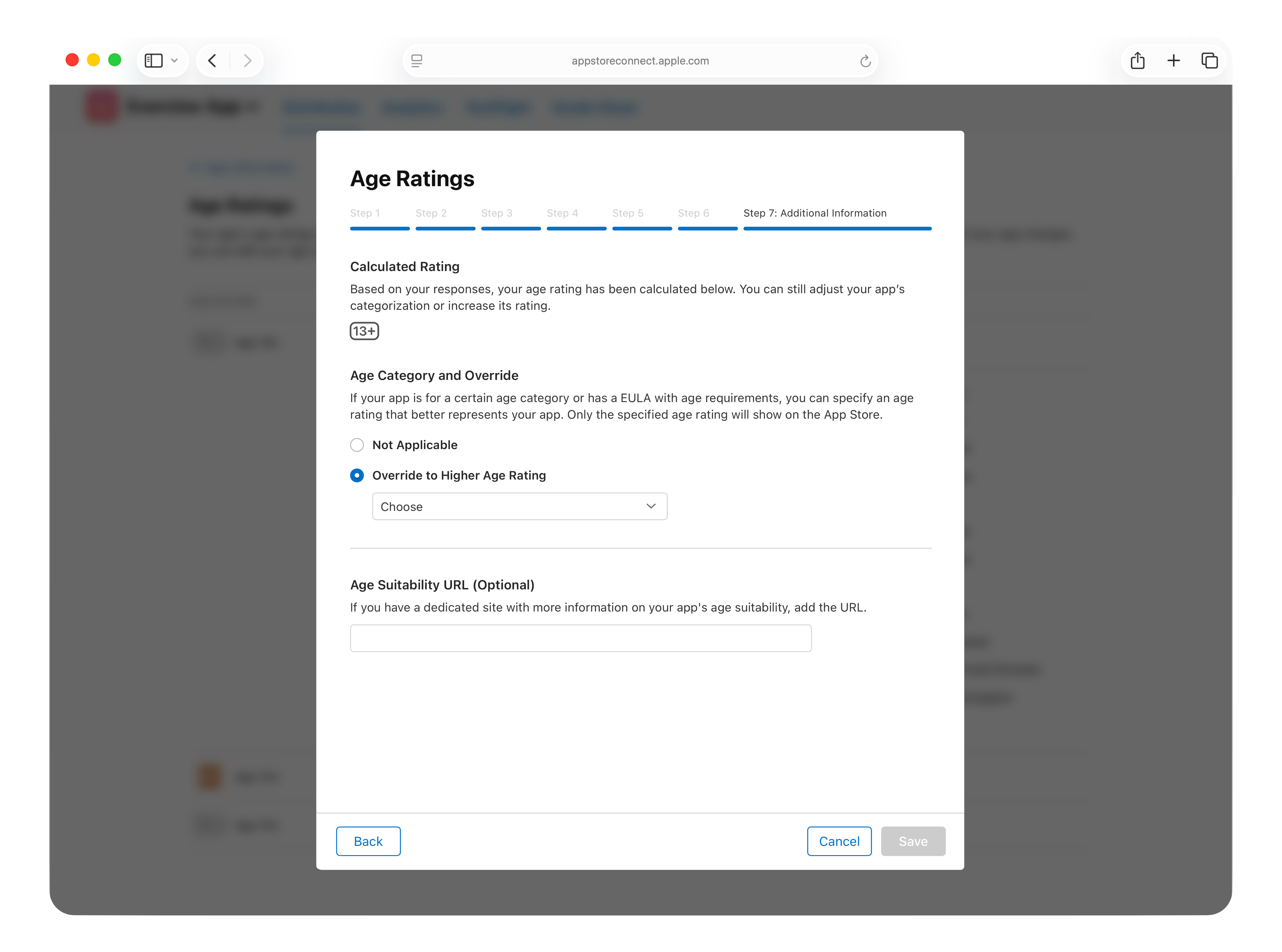 A screenshot of the 'Age Ratings' dialog box, titled 'Step 7: Additional Information'. The 'Calculated Rating' is displayed as '13+'. Under the 'Age Category and Override' section, the 'Override to Higher Age Rating' radio button is selected, and a 'dropdown menu' is open, displaying 'Age 16+' and 'Age 18+' as options. The 'Back' button is at the bottom left, and the 'Cancel' and 'Save' buttons are at the bottom right of the dialog.