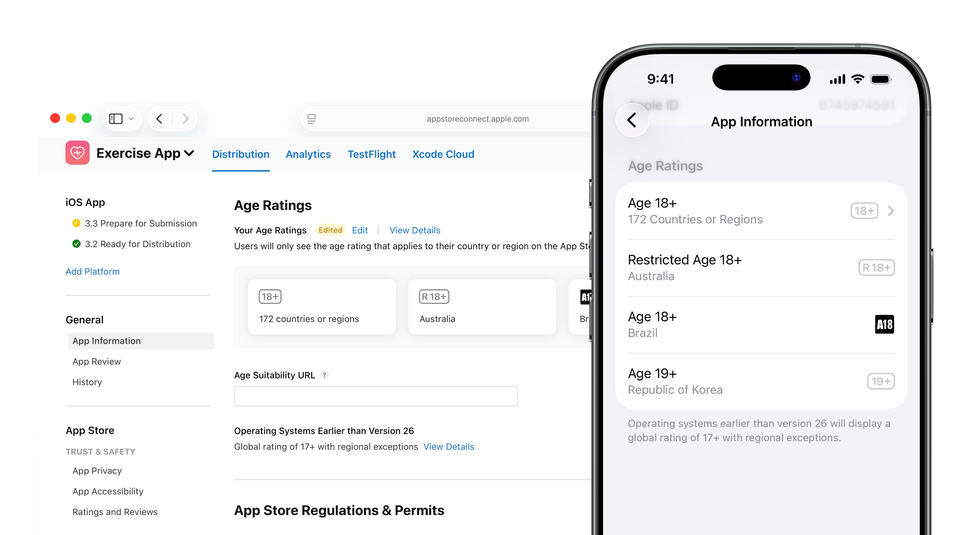 A screenshot of the 'App Information' page. In the 'Age Ratings' section, under 'Your Age Ratings', the calculated age ratings are displayed, such as '16+' for 173 countries and 'A16' for Brazil. Next to 'Your Age Ratings', there are clickable links: 'Edit' and 'View Details'.