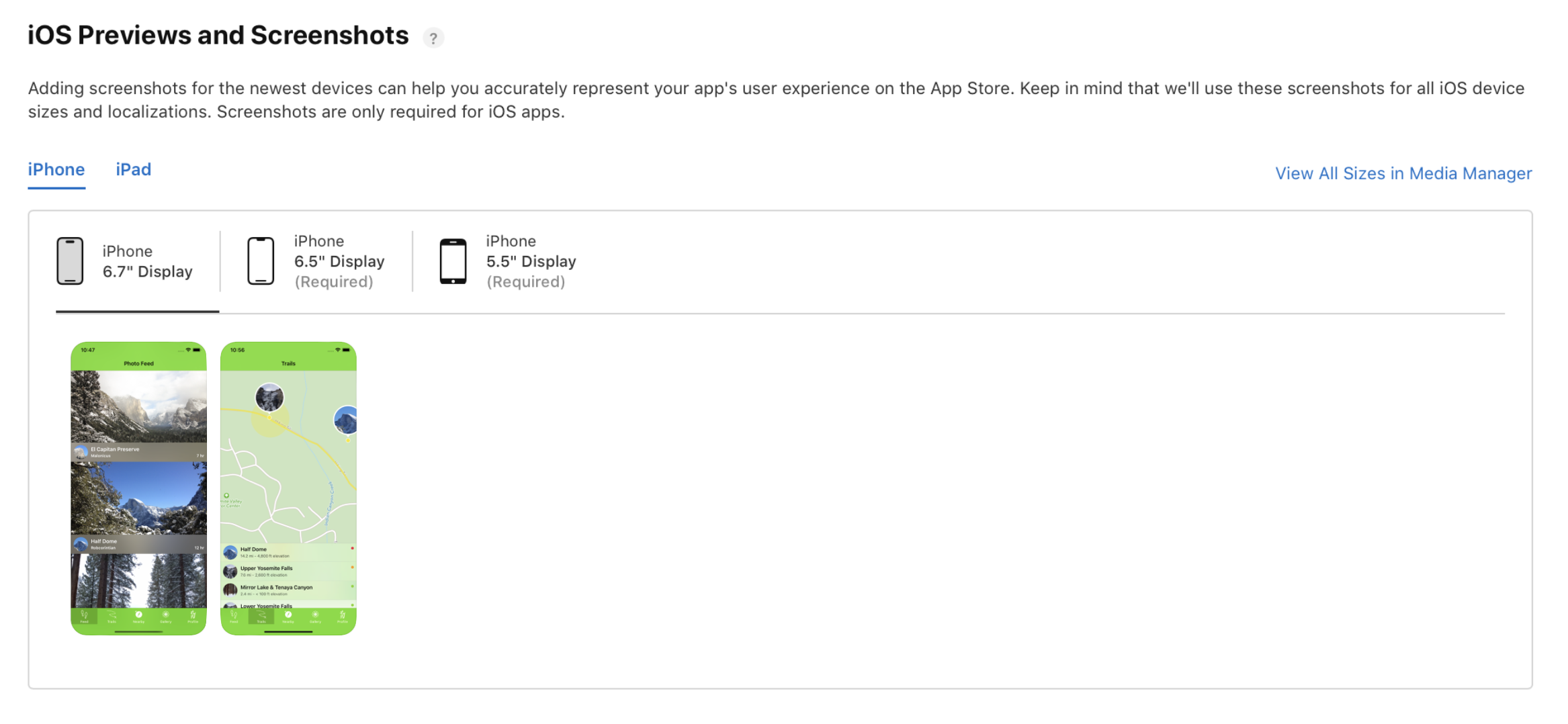 App Preview and Screenshots section on the App platform detail page.