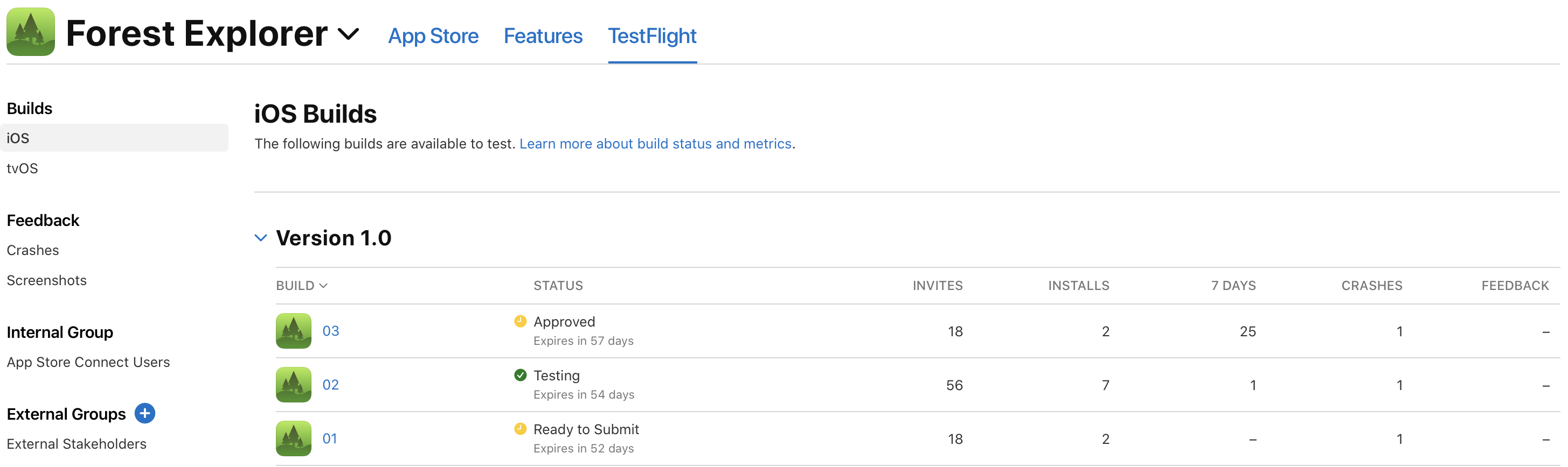 In the Version section of the iOS Builds page, a table lists all the builds, its status, and its data, such as the number of installs and crashes. In Build column, an app icon and build strings is displayed.