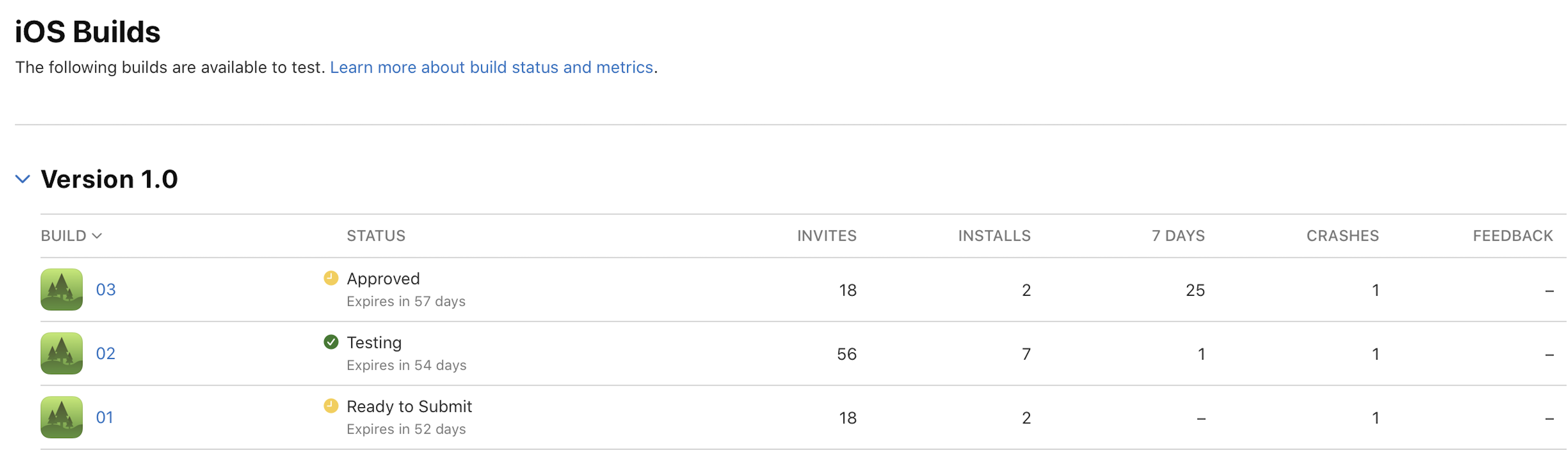 In the Version section of the iOS Builds page, a table lists all the builds, its status, and its data, such as the number of installs and crashes. In Build column, an app icon and build strings is displayed.