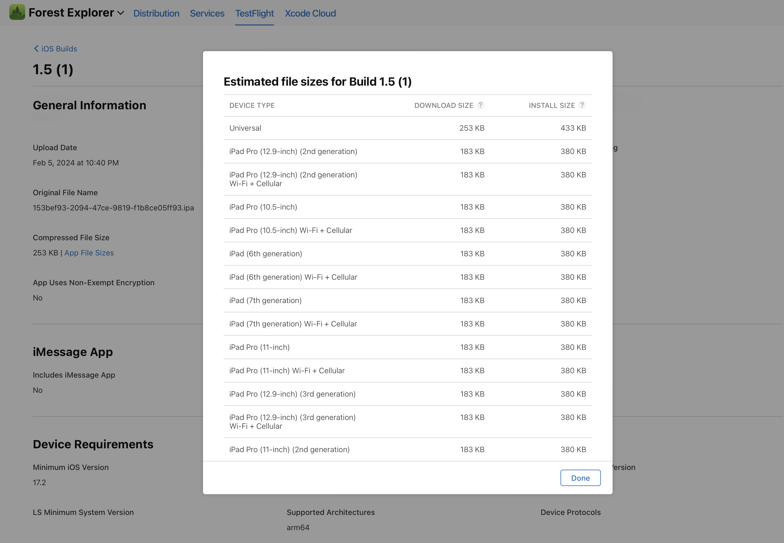 「iOS 建置版本後設資料」頁面上的預計 App 檔案大小表。