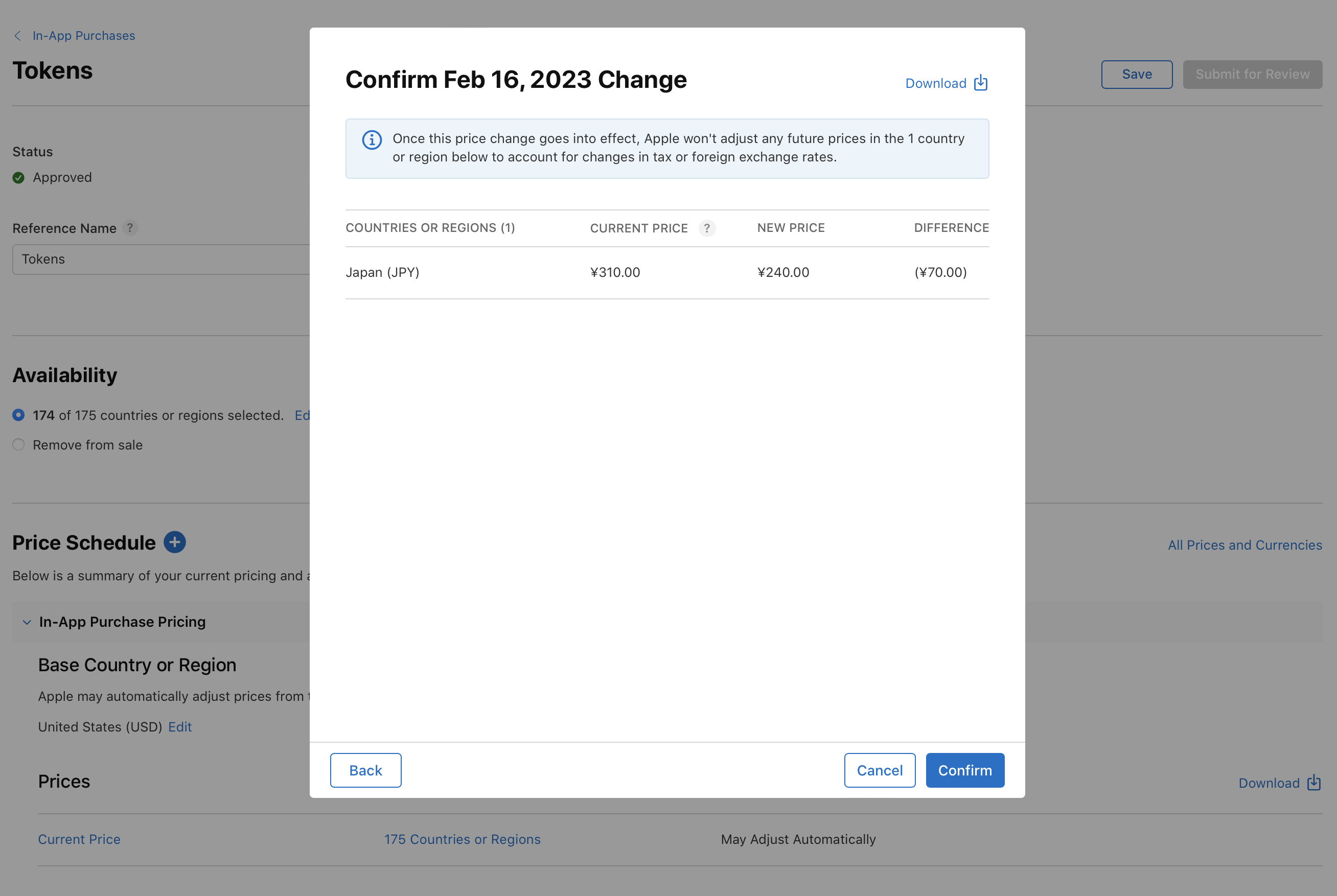 此截圖顯示用來確認價格的彈出式視窗。其中顯示了日本的當前價格為 ¥310.00 日元、新價格為 ¥240.00 日元，以及 -¥70.00 日元的價差，並出現一則警告，說明 Apple 未來不會因應稅額或外匯匯率的變動，調整該國家或地區的價格。底部有「返回」、「取消」和「確認」按鈕。