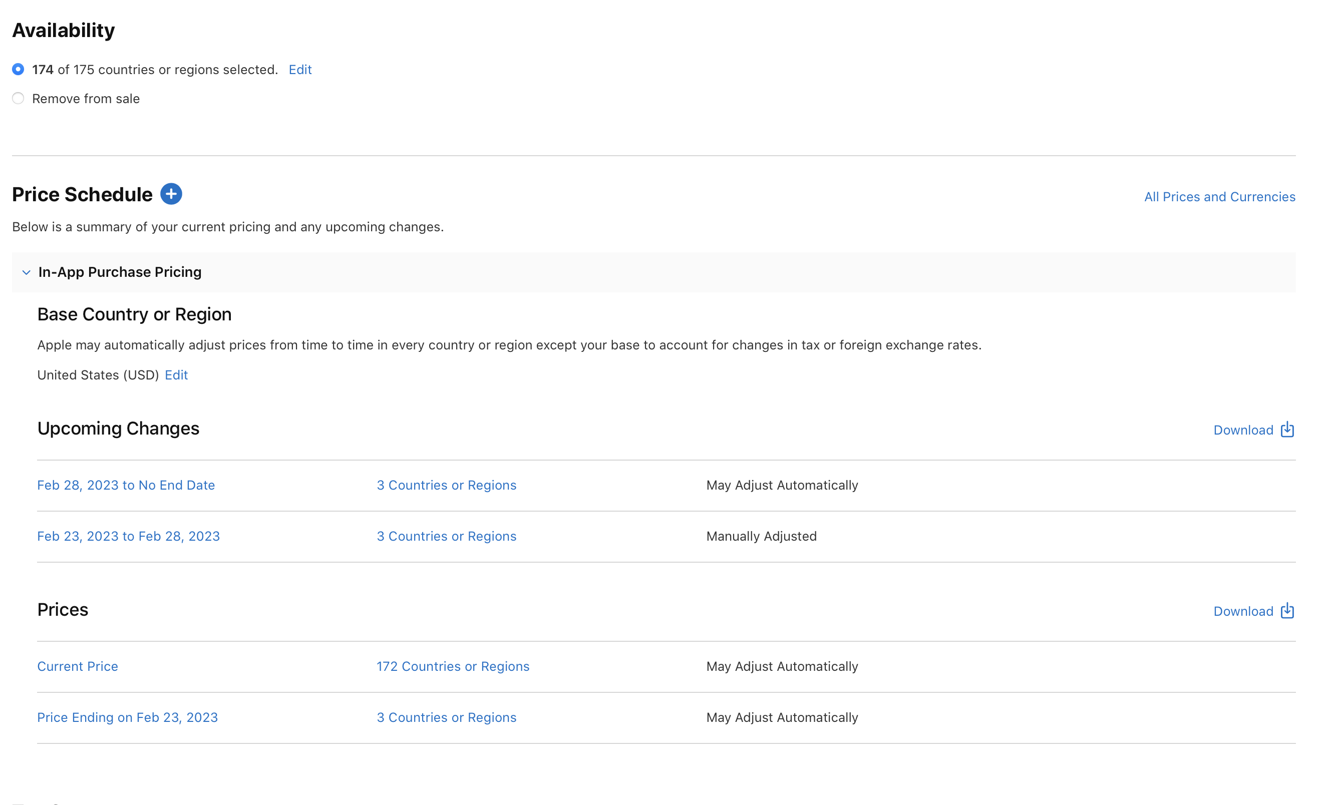 此截圖顯示「價格排程」頁面，其下包含「即將進行的調整」和「目前價格」兩個表格，各提供編輯和下載 App 內購買項目價格資訊的選項。
