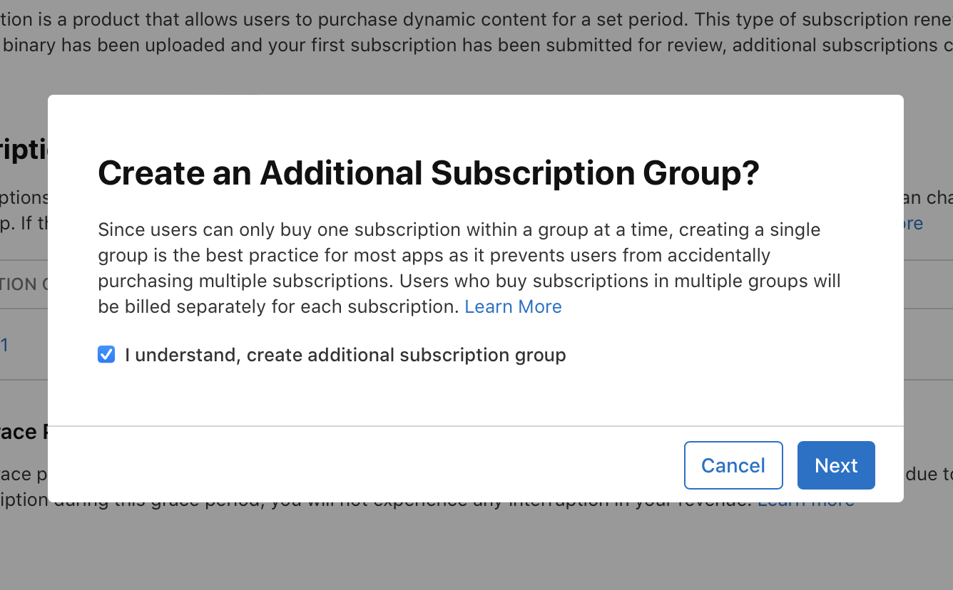 Screenshot showing the checkbox for creating an additional subscription group