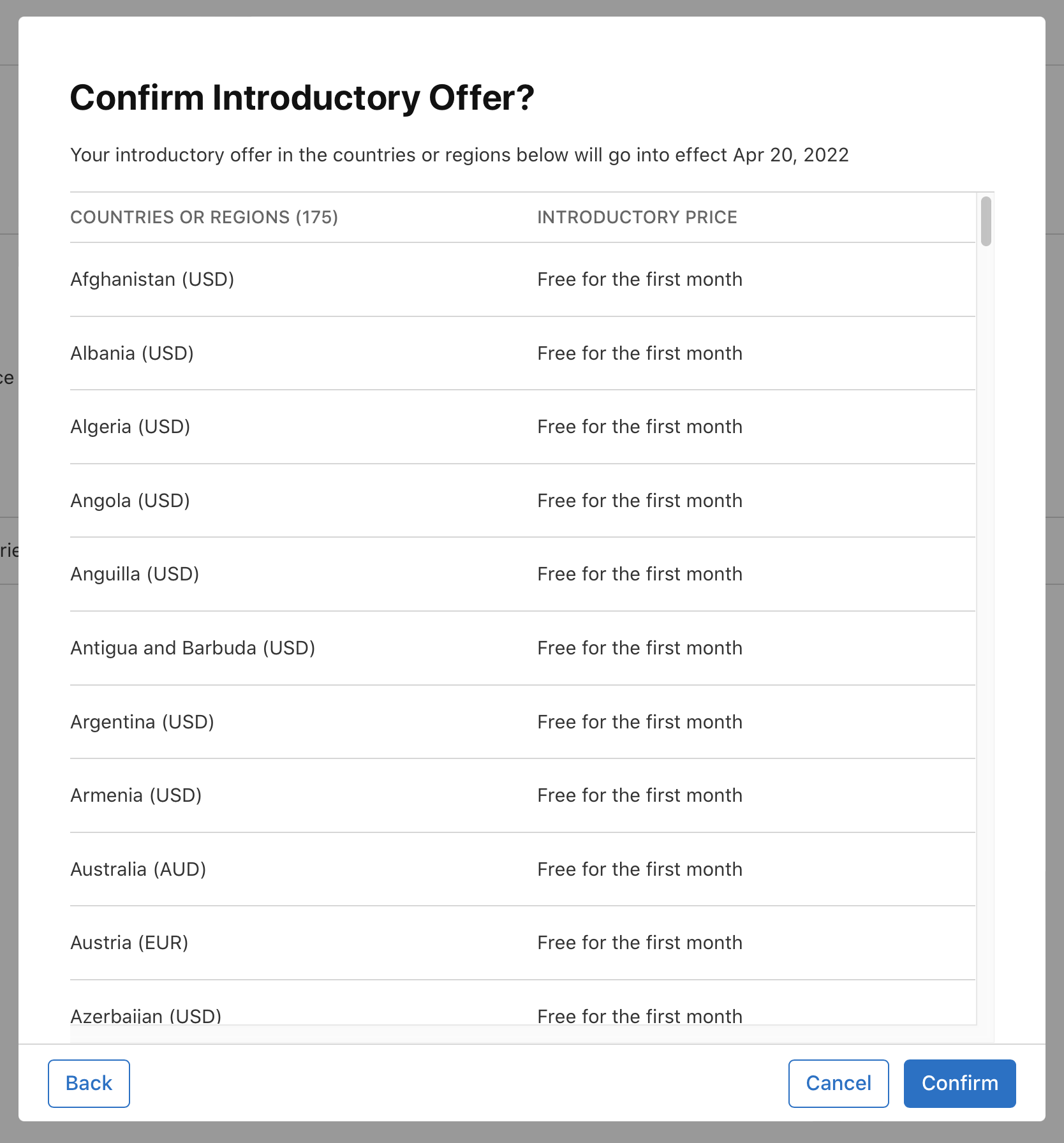 Introductory prices for countries or regions