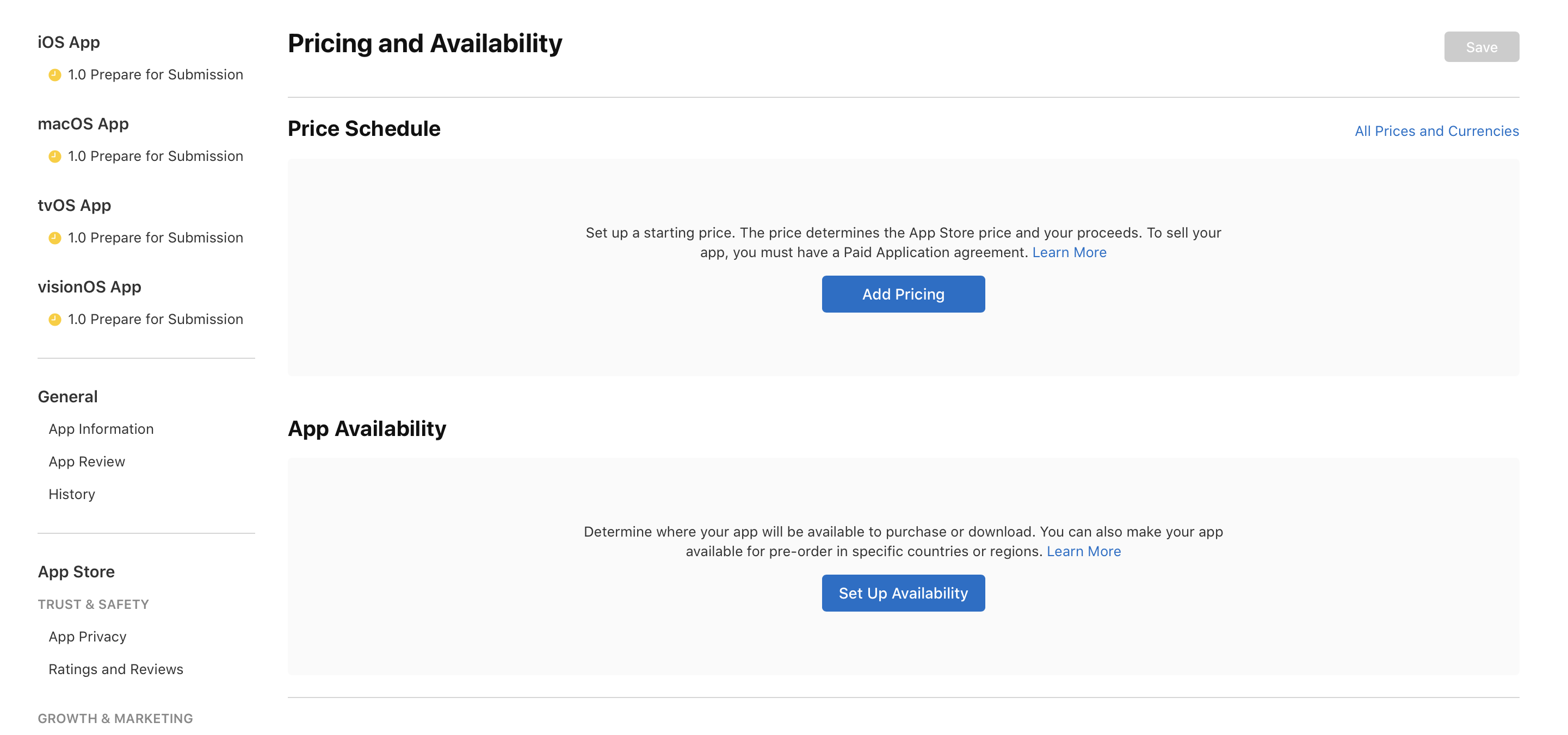 Select Pricing and Availability in the left column.