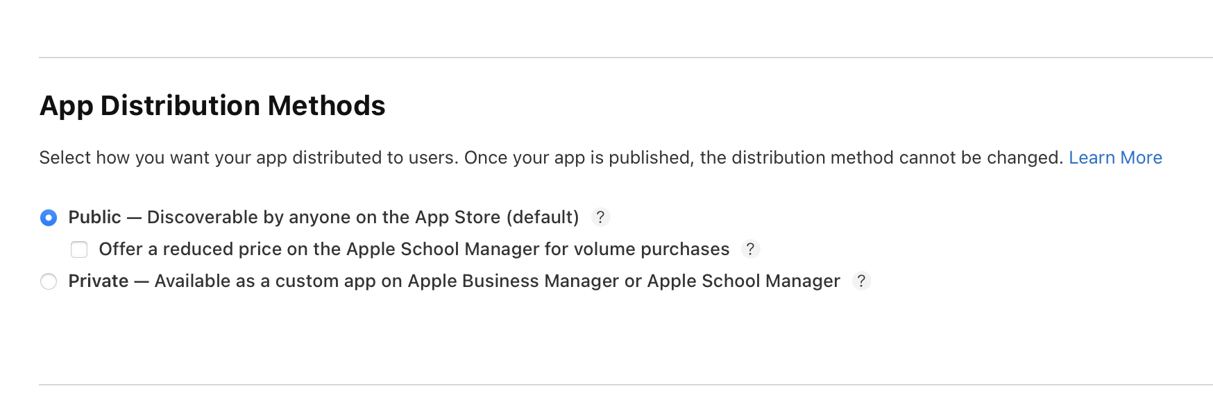 “价格与销售范围”页面中“App 分发方式”部分的截屏，当前选中“公开”选项。