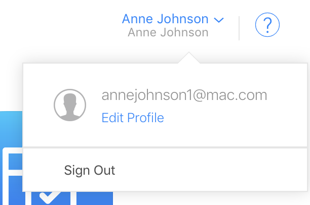 Pop-up window of user name located on the top right of the App Store Connect page. User name and the link to edit profile is listed in the window.
