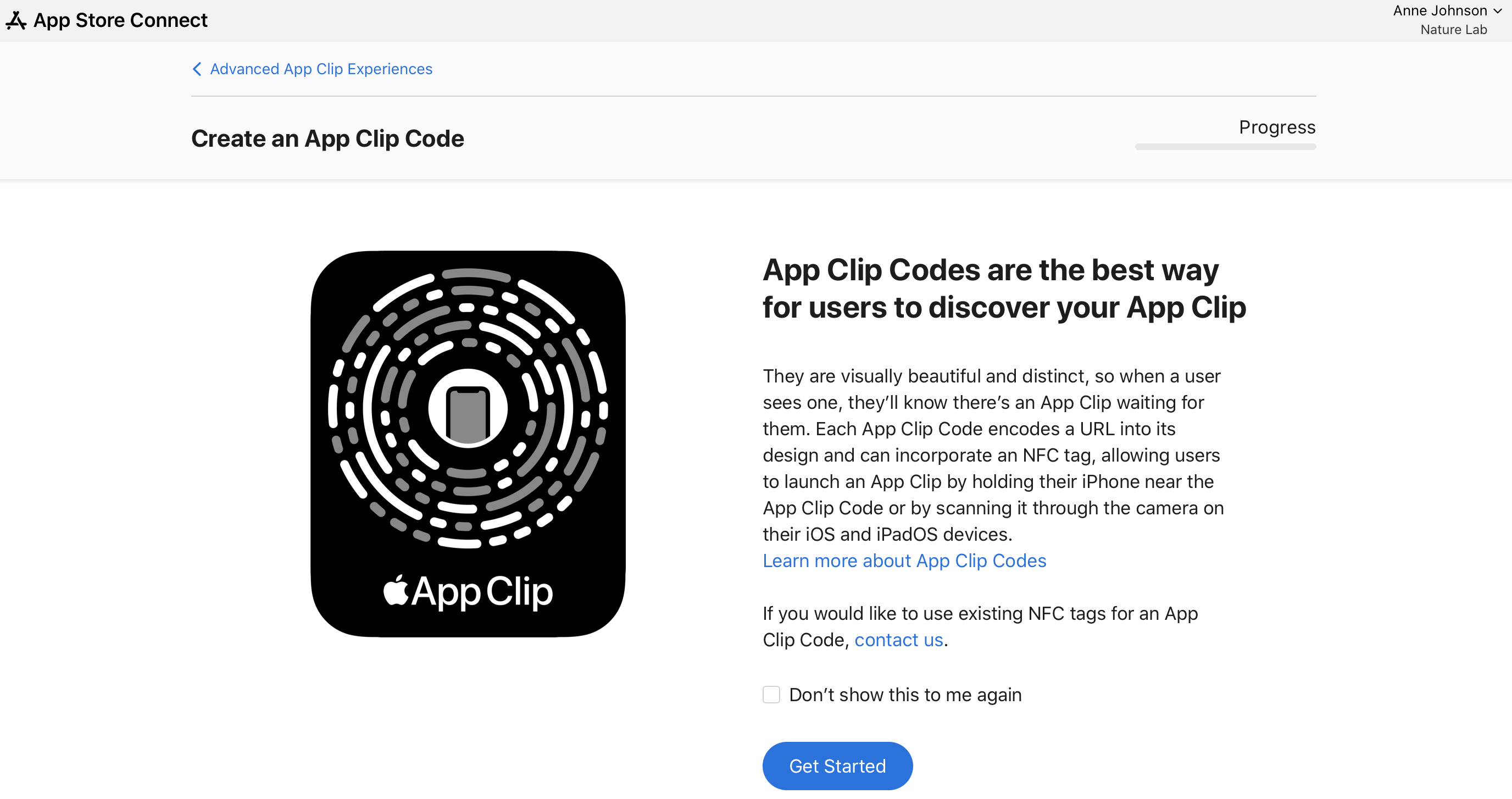 App Clip コード：生成開始