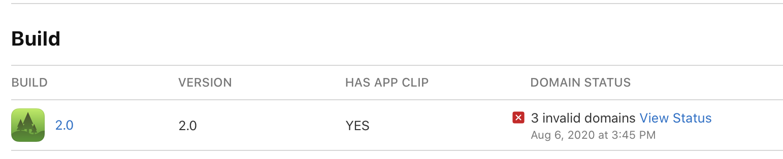 App Clip のドメインステータス
