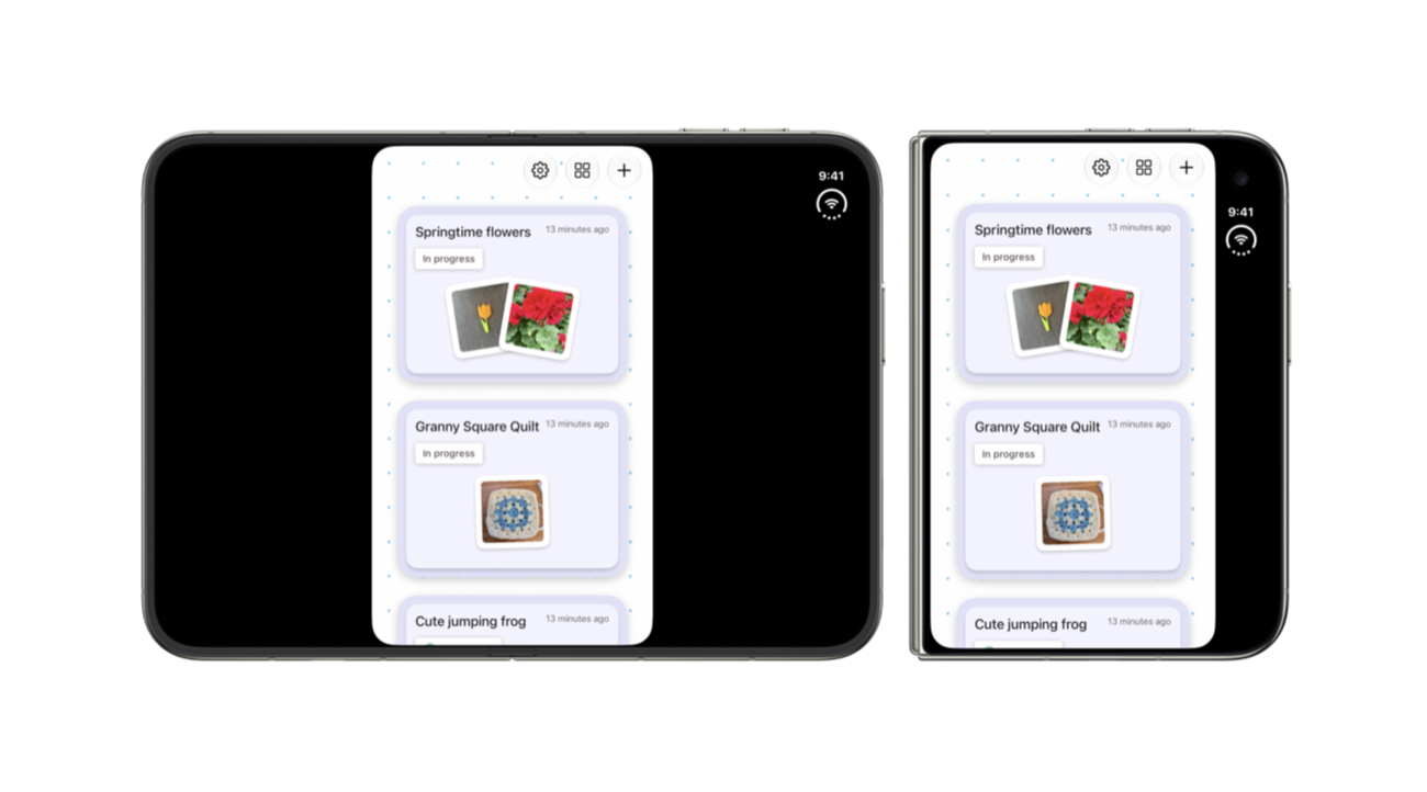 An app on iPhone Duo built with an earlier SDK. Open, the app appears at a familiar size in the center of the inner display. Closed, it sits to the left of the status bar and camera.