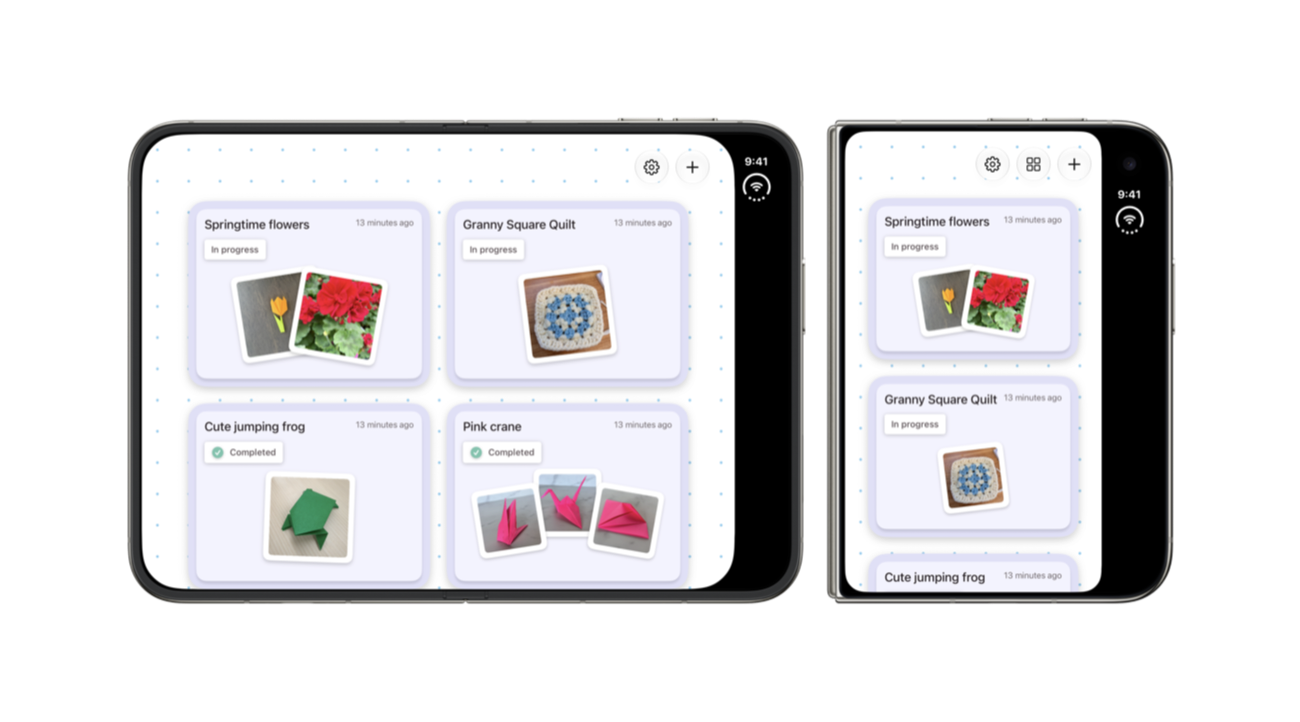 An app on iPhone Duo built with the iOS 27 SDK. Open, the app fills the inner display to the left of the status bar area.