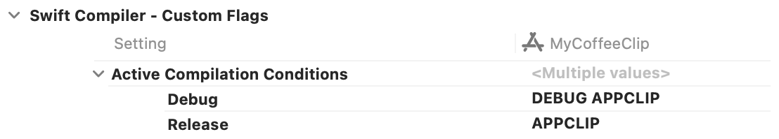 「APPCLIP」という名前のアクティブコンパイル条件を表示しているスクリーンショット。