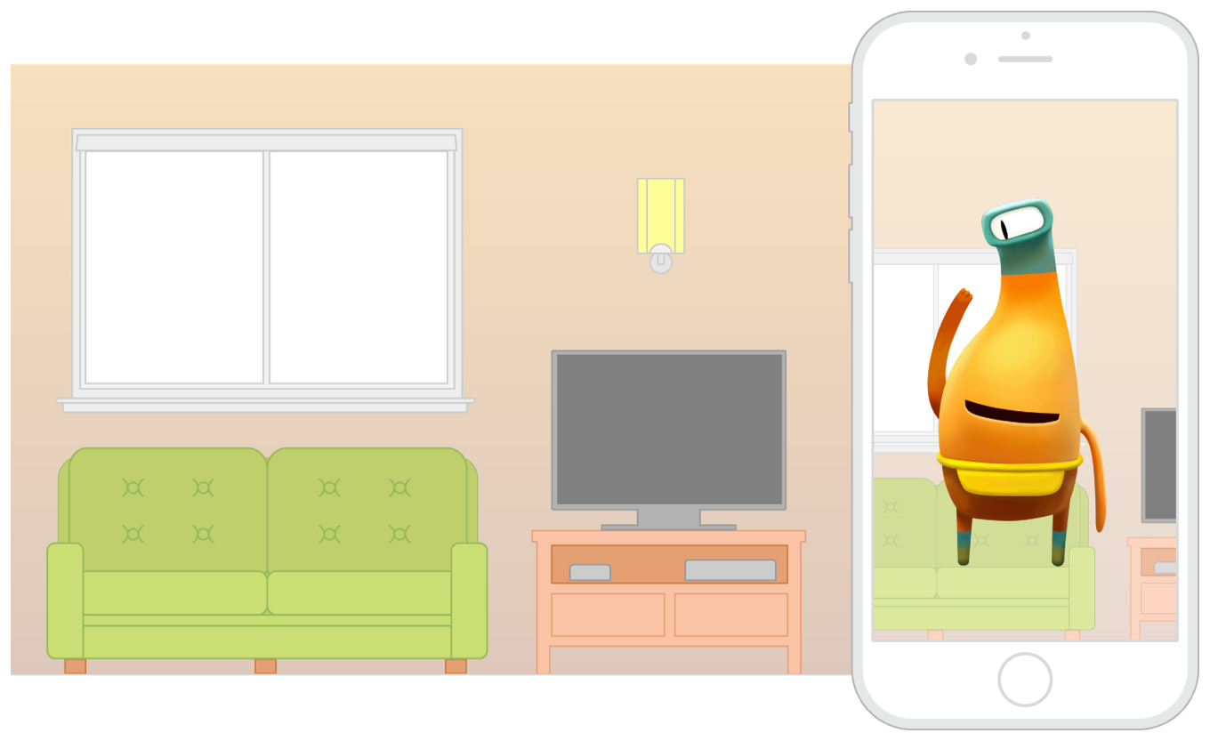 リアカメラを使ってAR体験を表示するAppを実行しているiPhoneの図。物理的環境はソファーのある居間として描かれ、Appに仮想のキャラクターが表示されている。