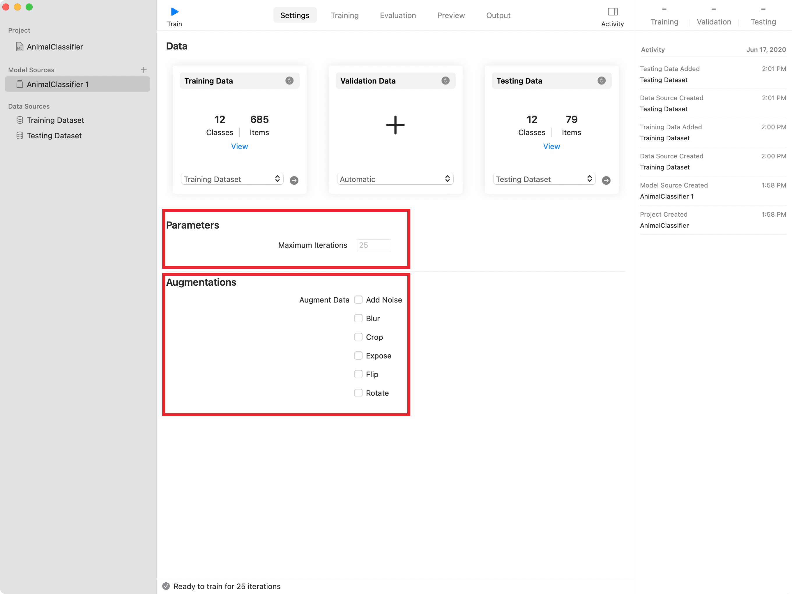 トレーニングの「Parameters」および「Augmentation」設定を強調表示しているCreate MLアプリのスクリーンショット。「Maximum Iterations」パラメータが25に設定されています。データ拡張（水増し）設定には、「Add Noise」、「Blur」、「Crop」、「Expose」、「Flip」、「Rotate」 という6つのチェックボックス（すべてが選択解除されている）があります。