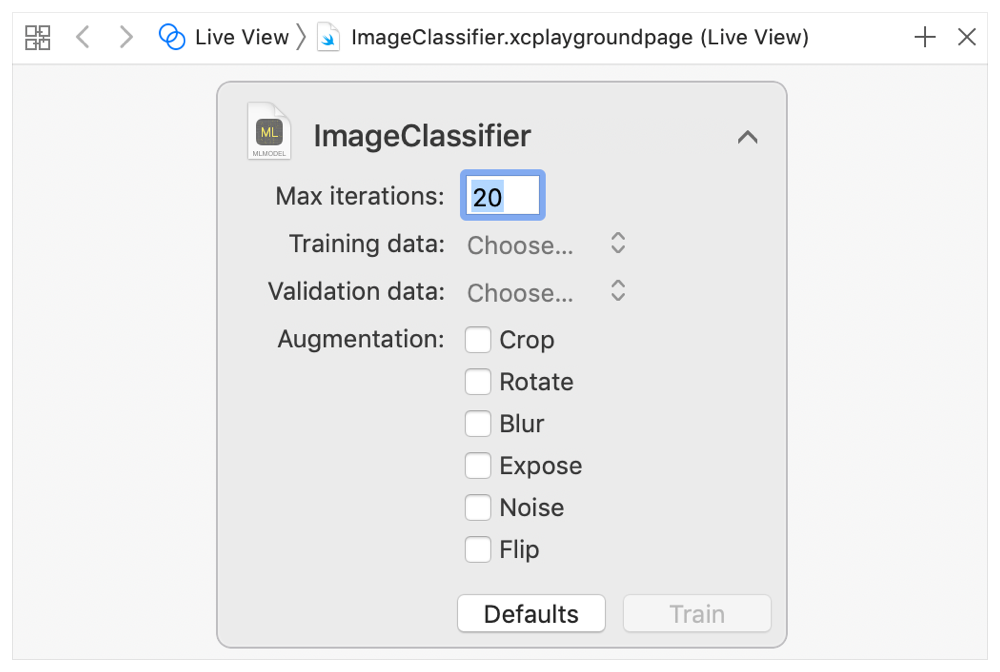 MLImageClassifierBuilder Playground UIでイテレーションの最大数が20に設定されていることを示すスクリーンショット。