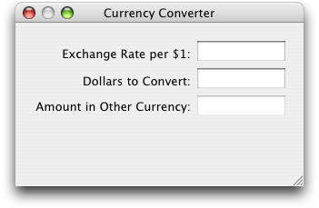The Currency Converter window with all text fields and labels