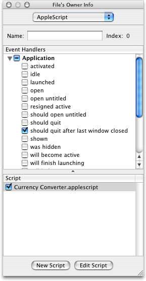 The Info window after connecting a handler to the application object