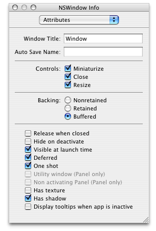 The Attributes pane of the Info window for a window object
