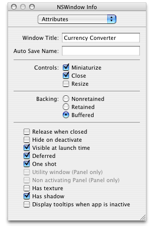The final Attributes settings for the Currency Converter window