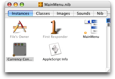The MainMenu.nib window showing an AppleScript Info object (not selected)
