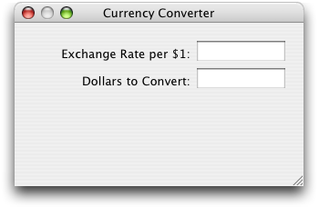 The Currency Converter window with input fields and labels