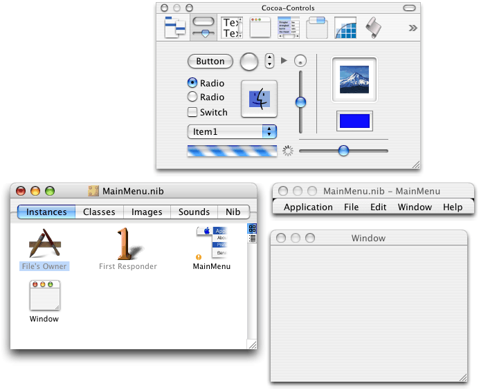 Interface Builder windows after opening the MainMenu.nib file