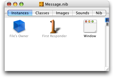 The Message.nib window, showing a window instance