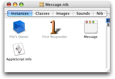 The Message.nib window showing an AppleScript Info object (not selected)