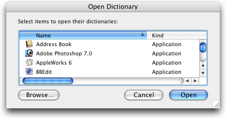The Open Dictionary dialog in Xcode