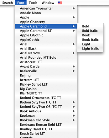 Font menu on a system that uses ATSUI