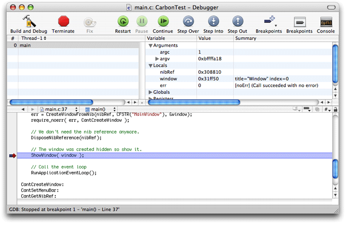 A debug window in Xcode